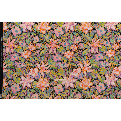 Brushed Cotton Woven - Pink, Floral Purple and Bright Green Chalk Drawing Flowers - Mood Exclusive Chalkboard Blossoms Print