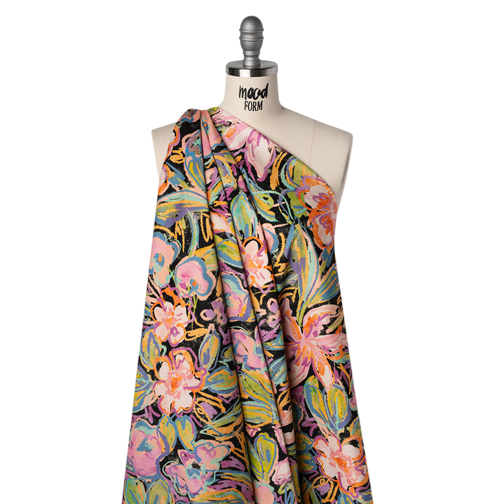 Brushed Cotton Woven - Pink, Floral Purple and Bright Green Chalk Drawing Flowers - Mood Exclusive Chalkboard Blossoms Print - Drape