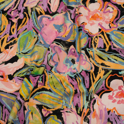 Brushed Cotton Woven - Pink, Floral Purple and Bright Green Chalk Drawing Flowers - Mood Exclusive Chalkboard Blossoms Print