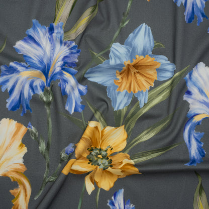 Brushed Cotton Woven - Golden Yellow, Blue and Gray Big Lilies - Mood Exclusive Language of Lilies Print