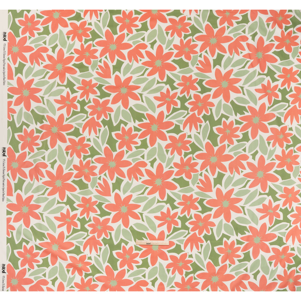 Brushed Cotton Woven - Coral Rose, Sage and Basil Green Flat Flowers - Mood Exclusive Bloom Block Print - Full