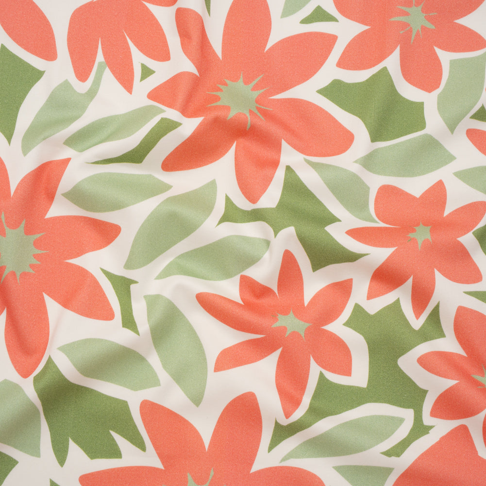 Brushed Cotton Woven - Coral Rose, Sage and Basil Green Flat Flowers - Mood Exclusive Bloom Block Print