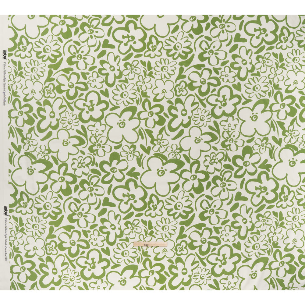 Brushed Cotton Woven - Green and Off White Flower Doodles - Mood Exclusive Sweet Scribbles Print Full