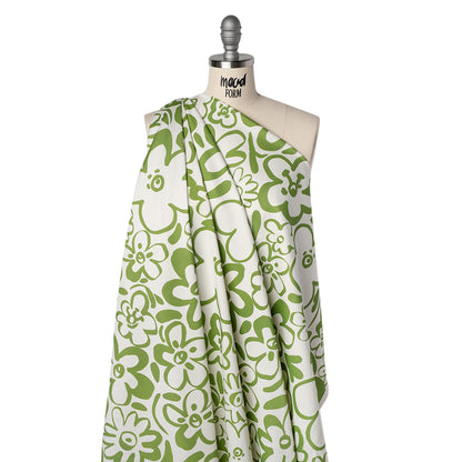 Brushed Cotton Woven - Green and Off White Flower Doodles - Mood Exclusive Sweet Scribbles Print Drape
