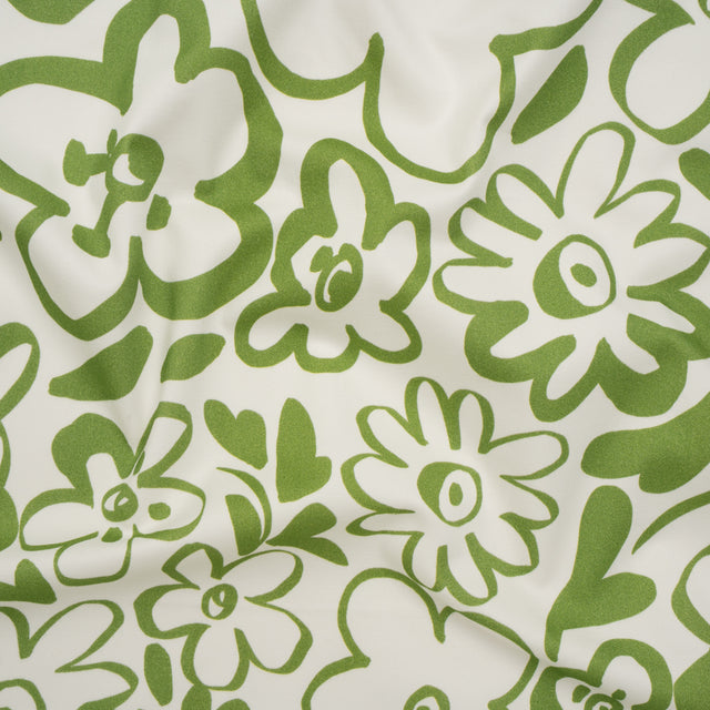 Brushed Cotton Woven - Green and Off White Flower Doodles - Mood Exclusive Sweet Scribbles Print