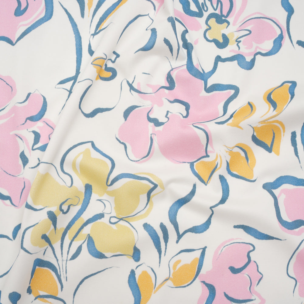 Brushed Cotton Woven - Baby Pink, Light Blue and Creamsicle Ink Brush Flowers - Mood Exclusive Pastel Botanica Print