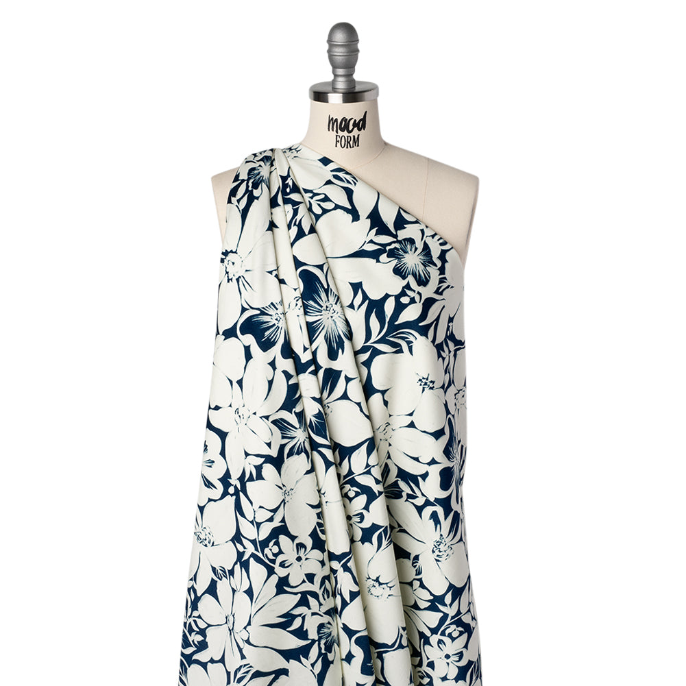 Brushed Cotton Woven - Navy and Ivory Floral - Mood Exclusive Whitewash Bloom Print Drape