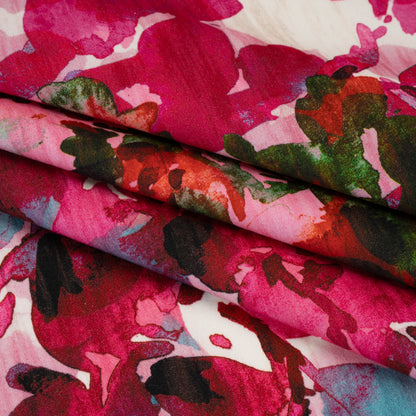 Brushed Cotton Woven - Fuchsia Pink, Red and Light Blue Striated Painted Flowers - Mood Exclusive Painter’s Bouquet Print