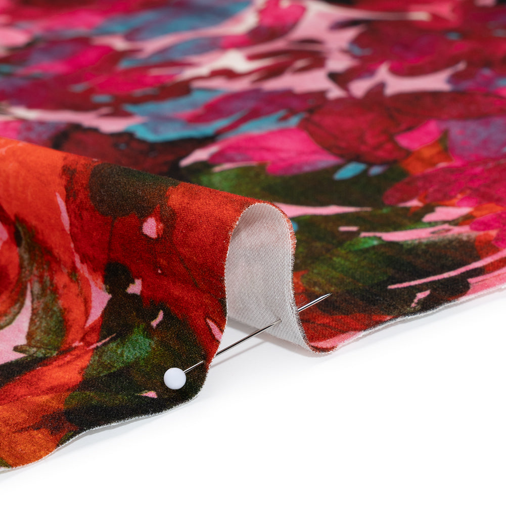 Brushed Cotton Woven - Fuchsia Pink, Red and Light Blue Striated Painted Flowers - Mood Exclusive Painter’s Bouquet Print - Detail