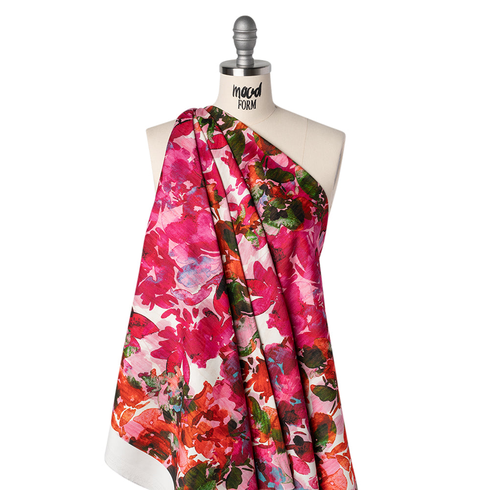 Brushed Cotton Woven - Fuchsia Pink, Red and Light Blue Striated Painted Flowers - Mood Exclusive Painter’s Bouquet Print - Drape