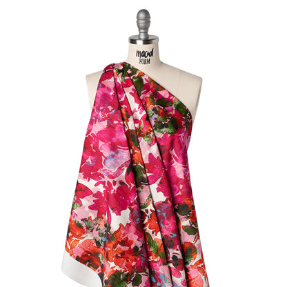 Brushed Cotton Woven - Fuchsia Pink, Red and Light Blue Striated Painted Flowers - Mood Exclusive Painter’s Bouquet Print