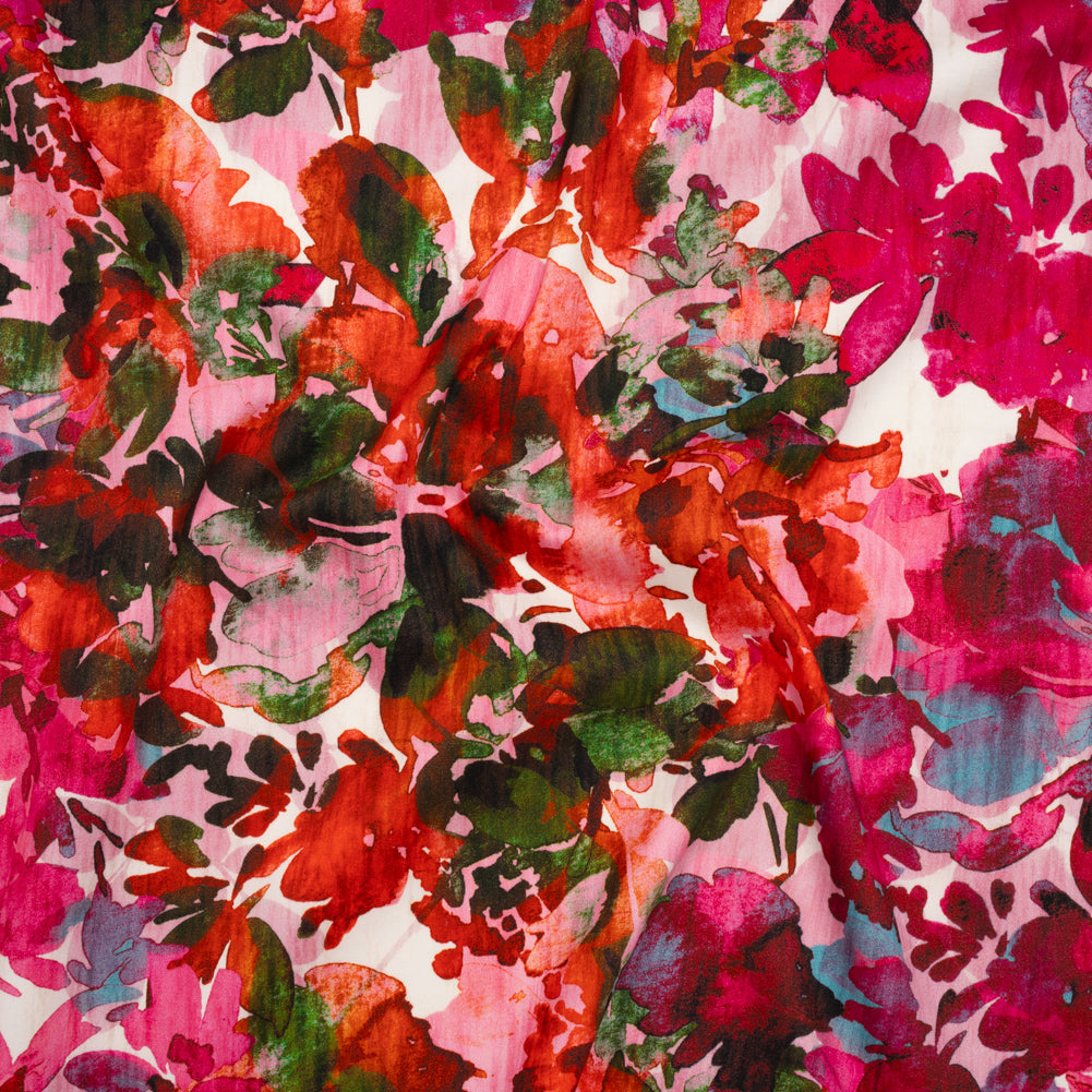 Brushed Cotton Woven - Fuchsia Pink, Red and Light Blue Striated Painted Flowers - Mood Exclusive Painter’s Bouquet Print