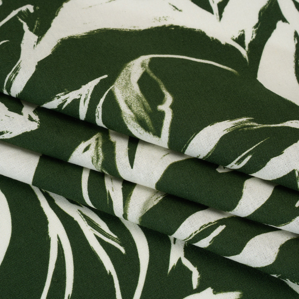 Linen and Rayon Woven - Forest Green and Cream Sketched Flowers - Mood Exclusive Sketchbook Garden Print - Folded