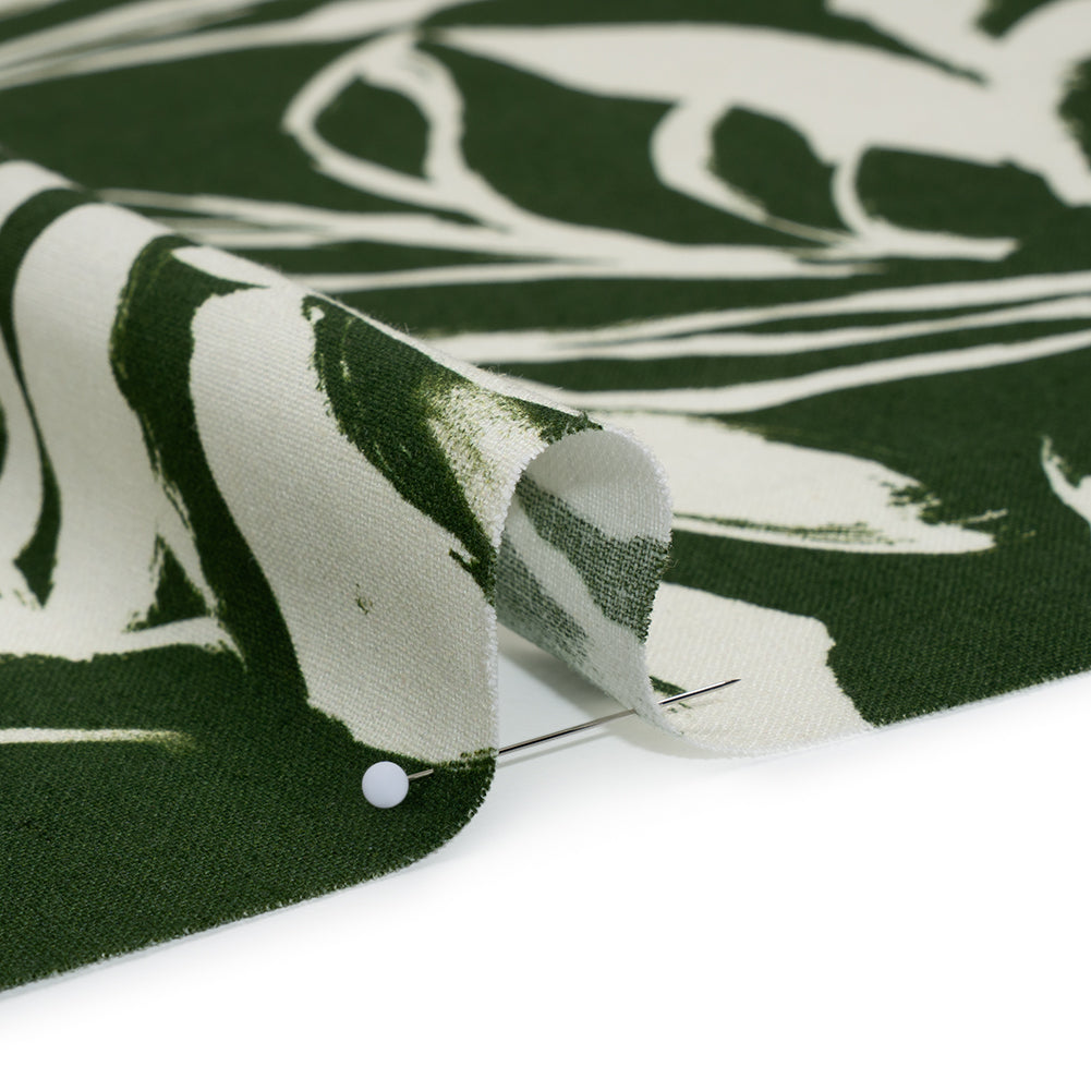 Linen and Rayon Woven - Forest Green and Cream Sketched Flowers - Mood Exclusive Sketchbook Garden Print - Detail
