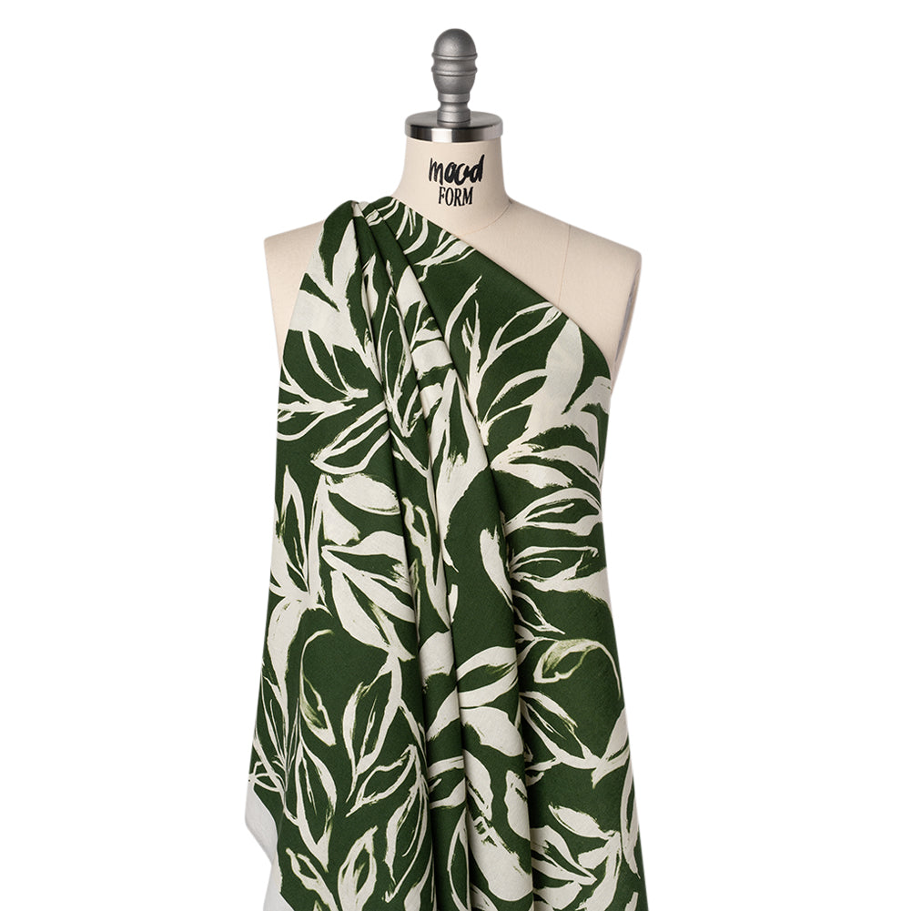 Linen and Rayon Woven - Forest Green and Cream Sketched Flowers - Mood Exclusive Sketchbook Garden Print - Drape