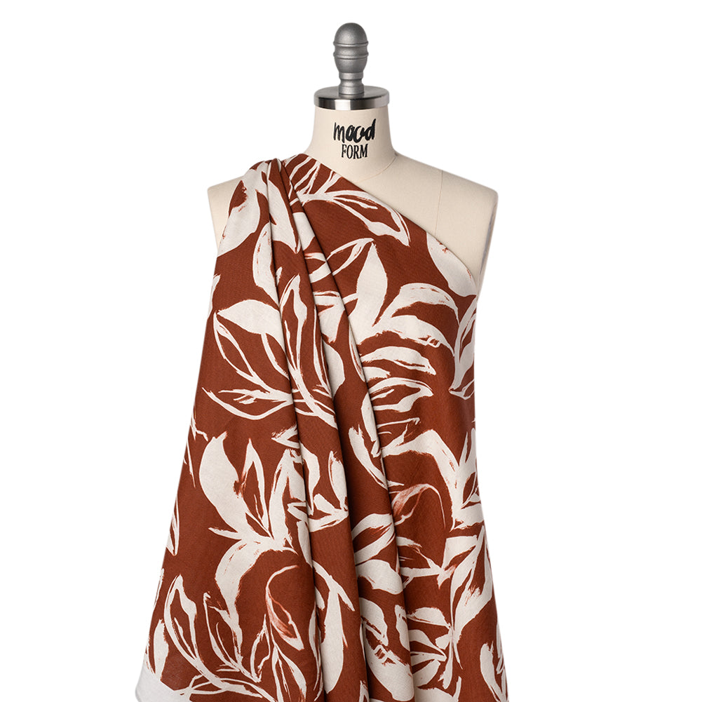 Linen and Rayon Woven - Russet Brown and Cream Sketched Flowers - Mood Exclusive Sketchbook Garden Print Drape