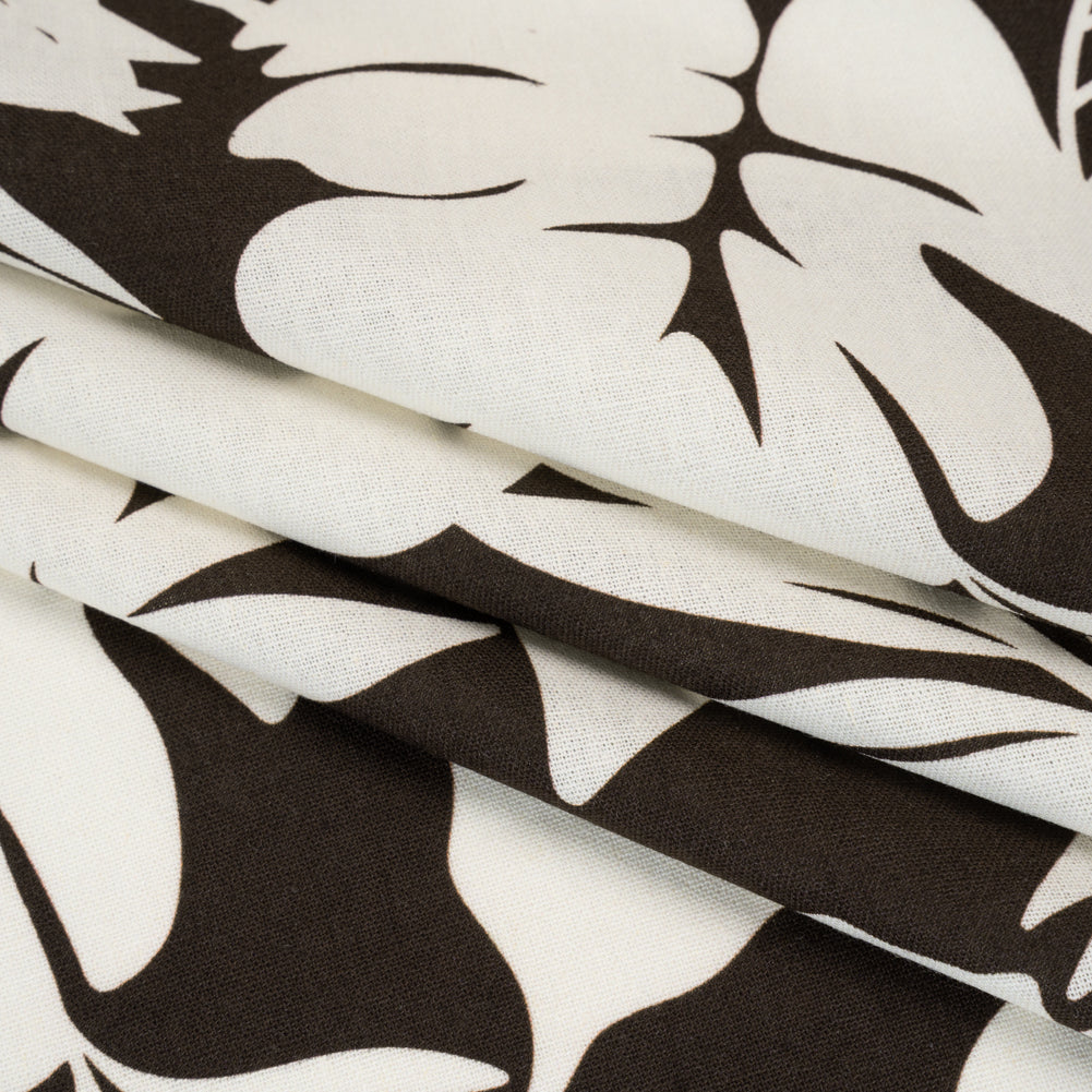 Linen and Rayon Woven - Chocolate Brown and Ivory Leaf Silhouettes - Mood Exclusive Neutral Nature Print Folded