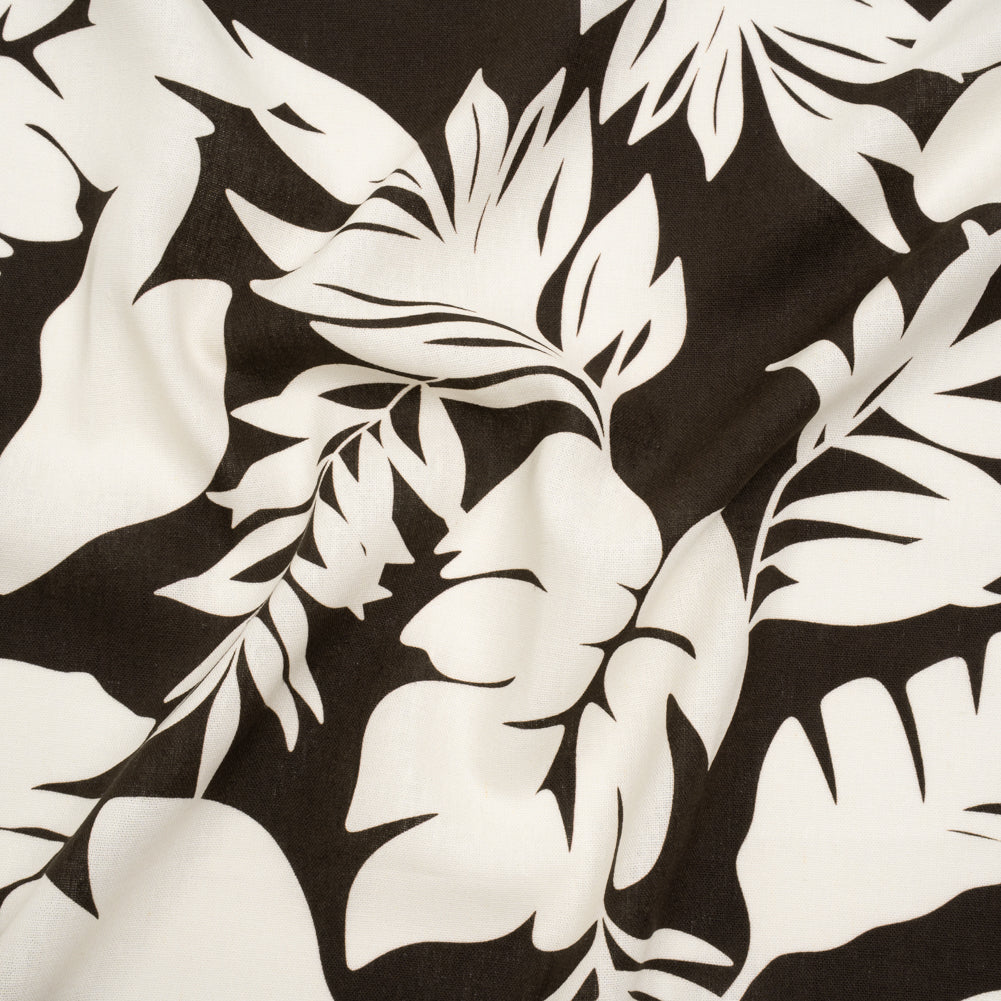 Linen and Rayon Woven - Chocolate Brown and Ivory Leaf Silhouettes - Mood Exclusive Neutral Nature Print