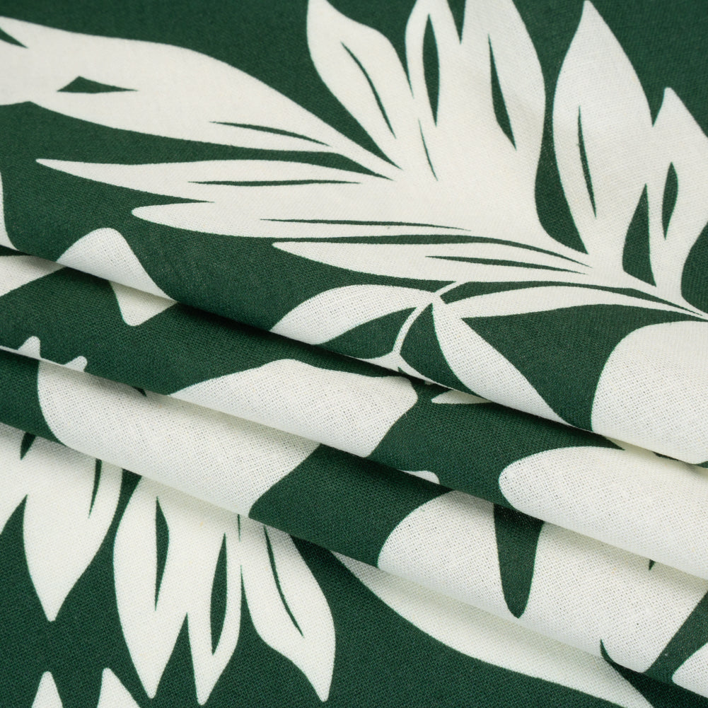 Linen and Rayon Woven - Pine Green and Ivory Leaf Silhouettes - Mood Exclusive Neutral Nature Print - Folded