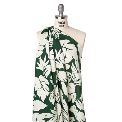 Linen and Rayon Woven - Pine Green and Ivory Leaf Silhouettes - Mood Exclusive Neutral Nature Print