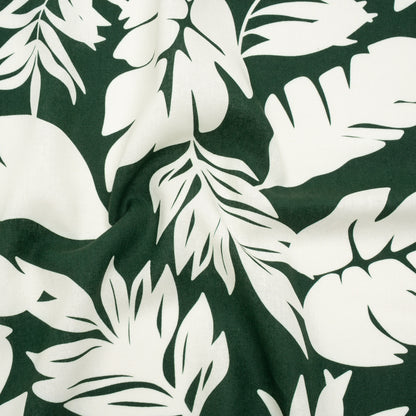 Linen and Rayon Woven - Pine Green and Ivory Leaf Silhouettes - Mood Exclusive Neutral Nature Print