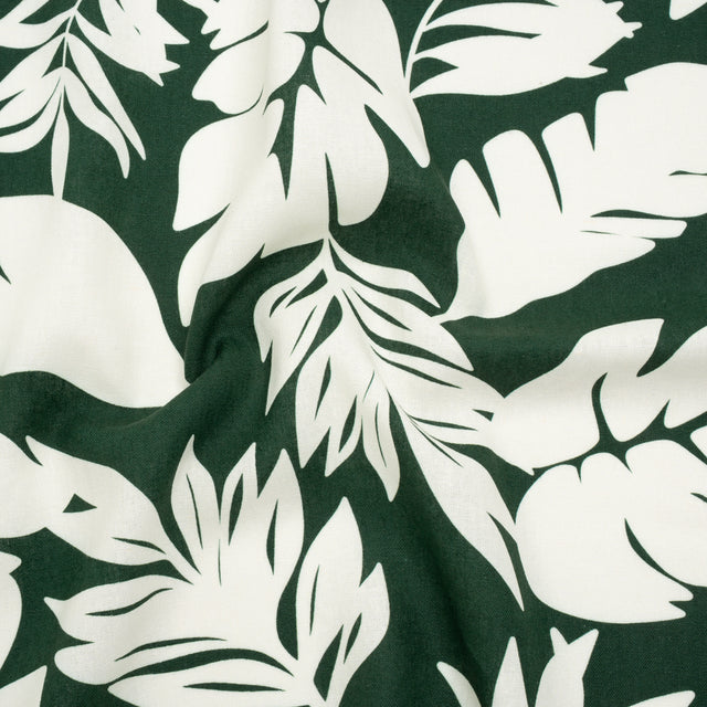 Linen and Rayon Woven - Pine Green and Ivory Leaf Silhouettes - Mood Exclusive Neutral Nature Print
