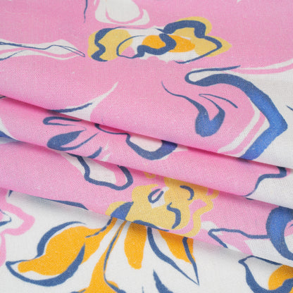 Linen and Rayon Woven - Baby Pink, Light Blue and Creamsicle Ink Brush Flowers - Mood Exclusive Pastel Botanica Print