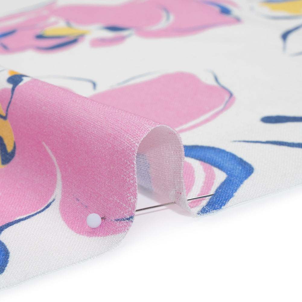 Linen and Rayon Woven - Baby Pink, Light Blue and Creamsicle Ink Brush Flowers - Mood Exclusive Pastel Botanica Print - Detail