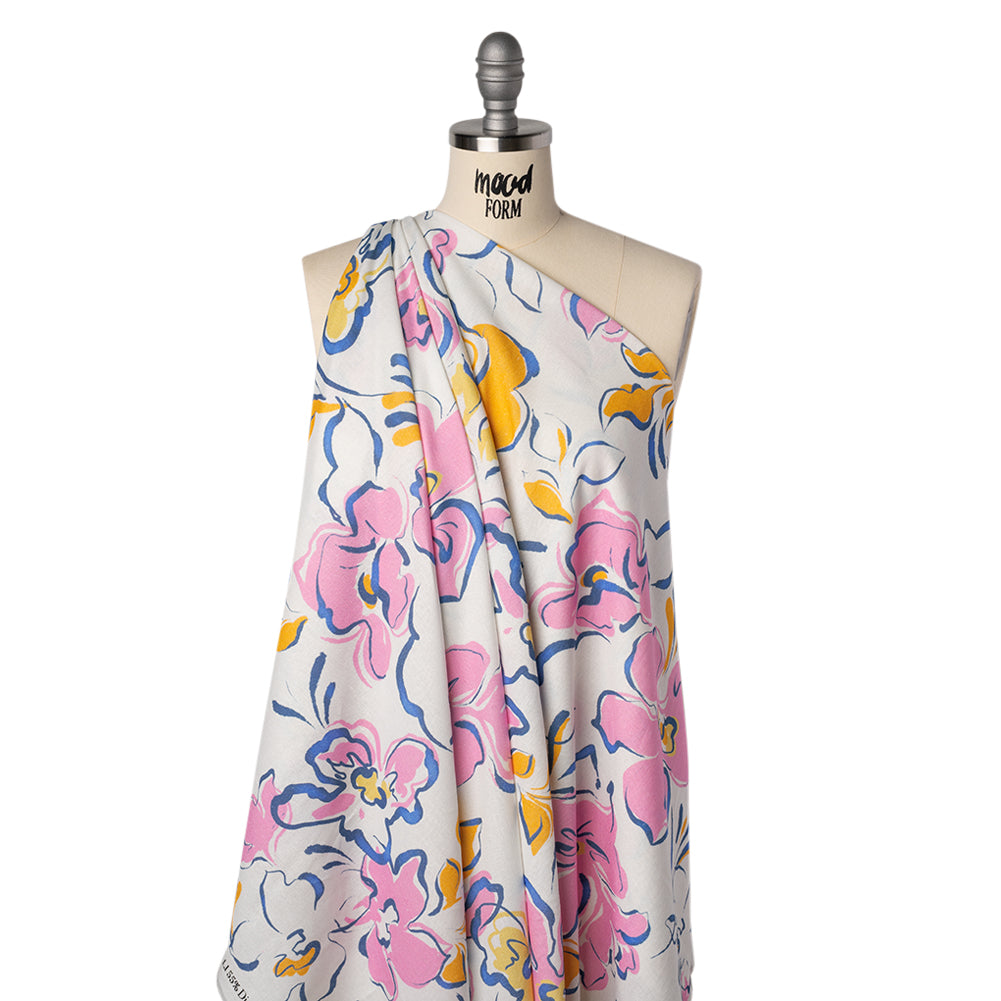 Linen and Rayon Woven - Baby Pink, Light Blue and Creamsicle Ink Brush Flowers - Mood Exclusive Pastel Botanica Print - Drape