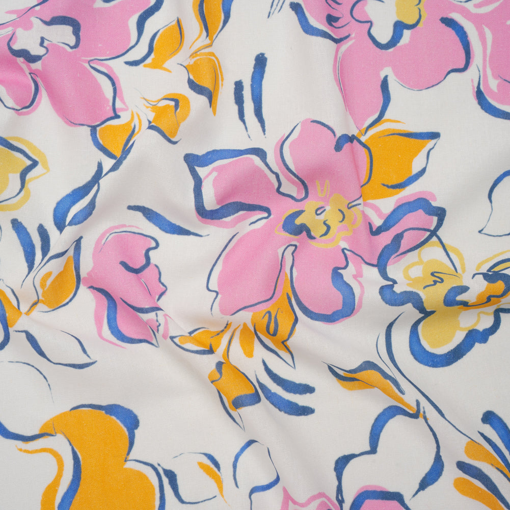 Linen and Rayon Woven - Baby Pink, Light Blue and Creamsicle Ink Brush Flowers - Mood Exclusive Pastel Botanica Print