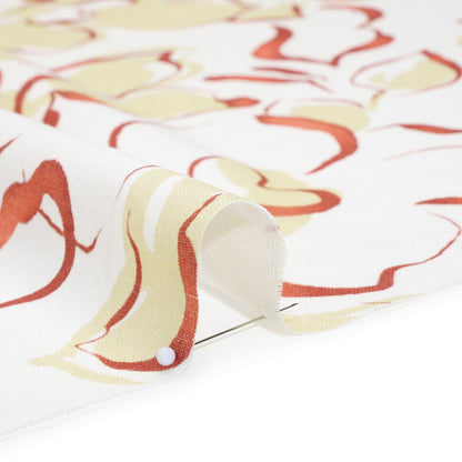 Linen and Rayon Woven - Pale Yellow, Muted Red and Off White Ink Brush Flowers - Mood Exclusive Pastel Botanica Print Detail