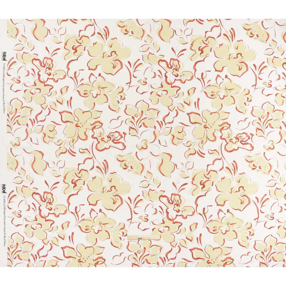 Linen and Rayon Woven - Pale Yellow, Muted Red and Off White Ink Brush Flowers - Mood Exclusive Pastel Botanica Print Full