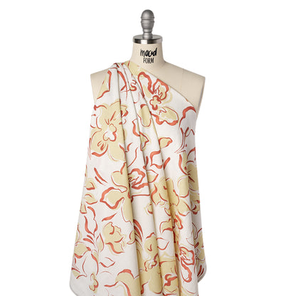 Linen and Rayon Woven - Pale Yellow, Muted Red and Off White Ink Brush Flowers - Mood Exclusive Pastel Botanica Print Drape