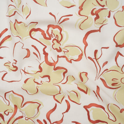 Linen and Rayon Woven - Pale Yellow, Muted Red and Off White Ink Brush Flowers - Mood Exclusive Pastel Botanica Print