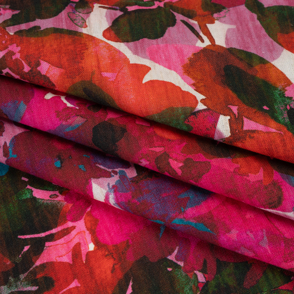 Linen and Rayon Woven - Fuchsia Pink, Red and Light Blue Striated Painted Flowers - Mood Exclusive Painter’s Bouquet Print - Folded