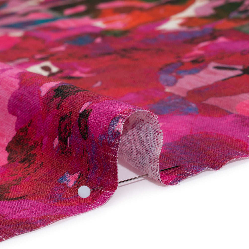 Linen and Rayon Woven - Fuchsia Pink, Red and Light Blue Striated Painted Flowers - Mood Exclusive Painter’s Bouquet Print - Detail
