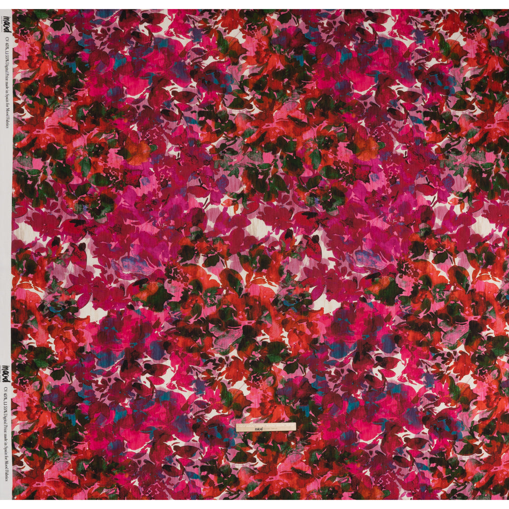 Linen and Rayon Woven - Fuchsia Pink, Red and Light Blue Striated Painted Flowers - Mood Exclusive Painter’s Bouquet Print - Full