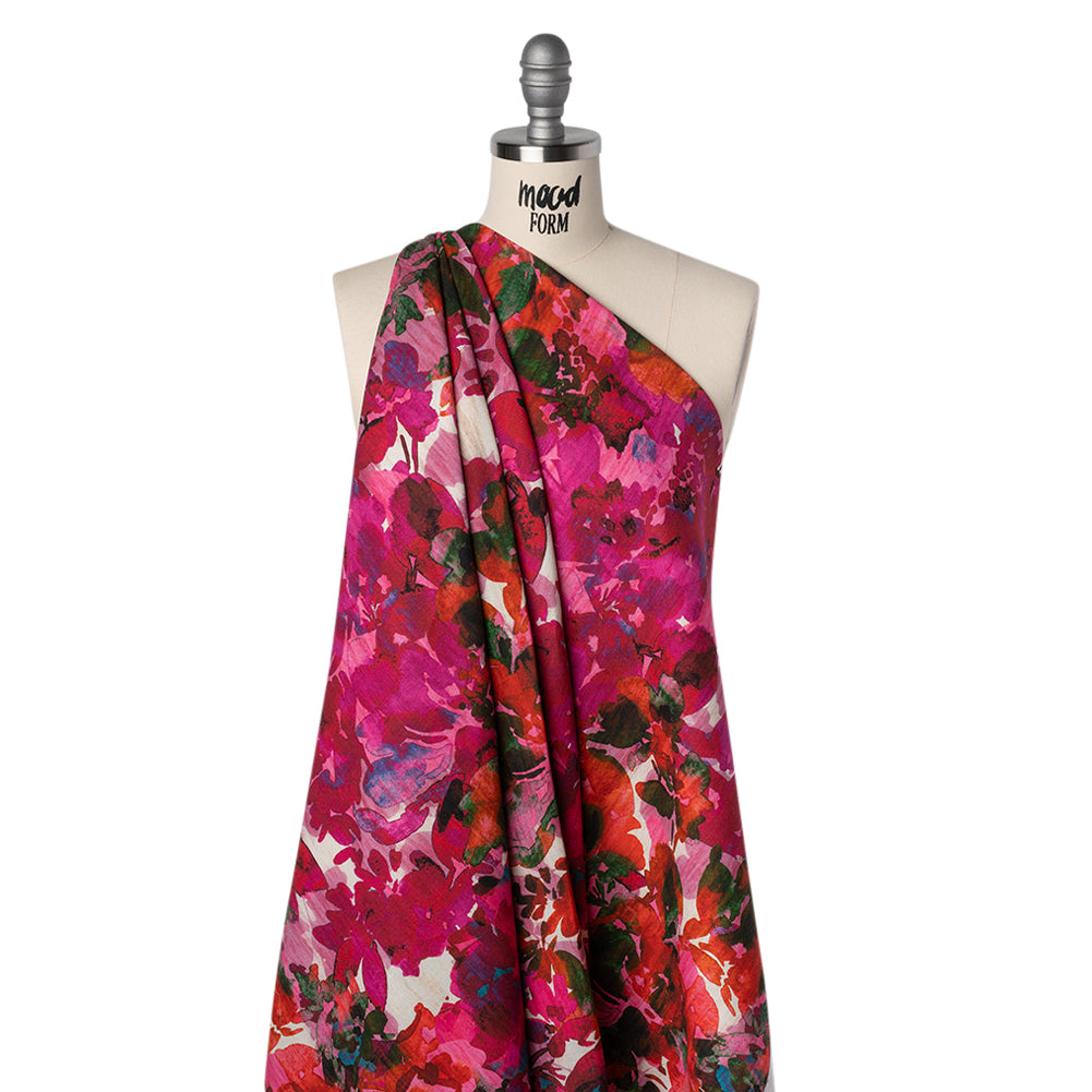 Linen and Rayon Woven - Fuchsia Pink, Red and Light Blue Striated Painted Flowers - Mood Exclusive Painter’s Bouquet Print - Drape