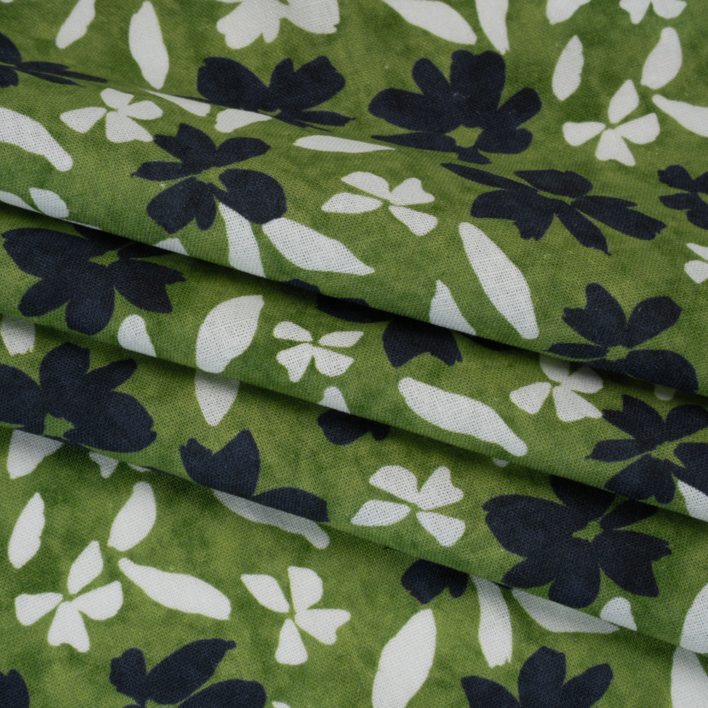 Linen and Rayon Woven - Green, Navy and White Scattered Flowers and Petals - Mood Exclusive Pick-a-Petal Print - Folded
