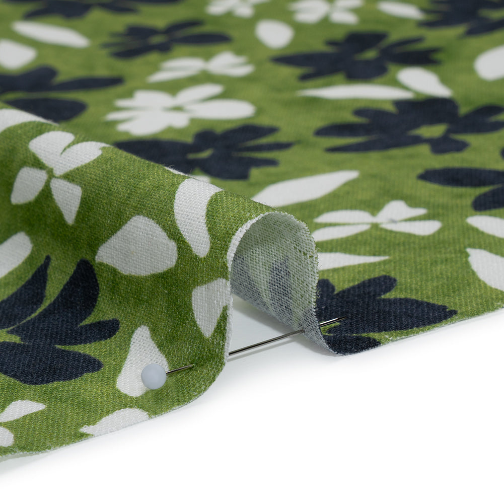 Linen and Rayon Woven - Green, Navy and White Scattered Flowers and Petals - Mood Exclusive Pick-a-Petal Print - Detail