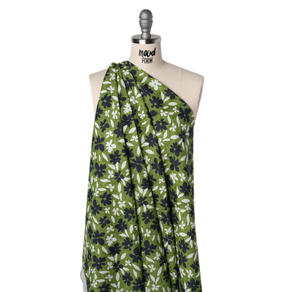 Linen and Rayon Woven - Green, Navy and White Scattered Flowers and Petals - Mood Exclusive Pick-a-Petal Print