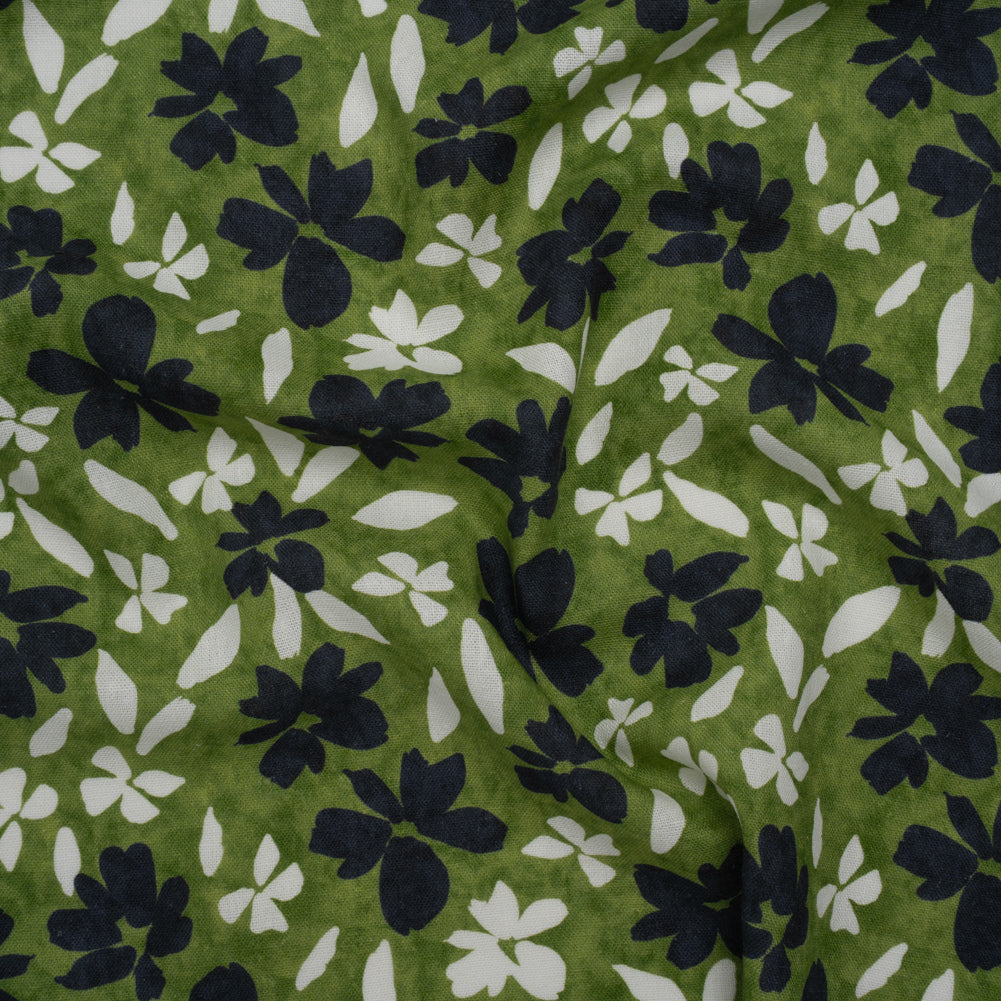Linen and Rayon Woven - Green, Navy and White Scattered Flowers and Petals - Mood Exclusive Pick-a-Petal Print