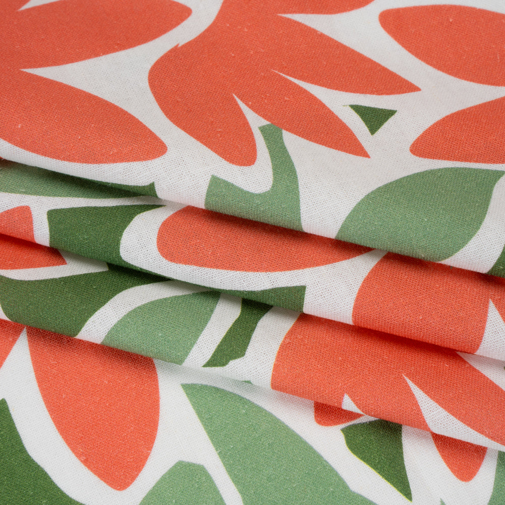 Linen and Rayon Woven - Coral Rose, Sage and Basil Green Flat Flowers - Mood Exclusive Flat Out Florals Print Folded