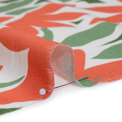 Linen and Rayon Woven - Coral Rose, Sage and Basil Green Flat Flowers - Mood Exclusive Flat Out Florals Print Detail