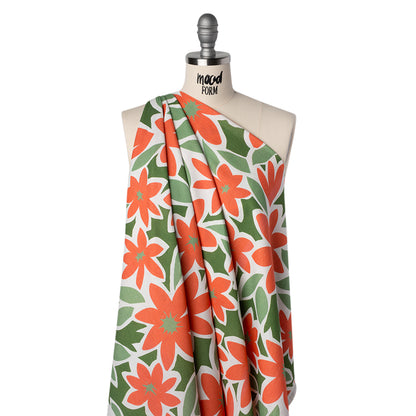Linen and Rayon Woven - Coral Rose, Sage and Basil Green Flat Flowers - Mood Exclusive Flat Out Florals Print Drape