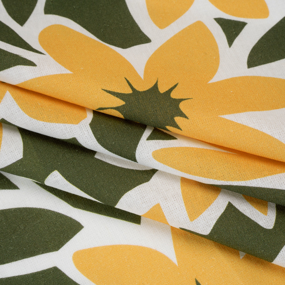 Linen and Rayon Woven - Sunny Yellow, Olive Green and White Flat Flowers - Mood Exclusive Flat Out Florals Print Folded
