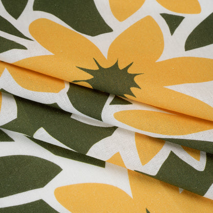 Linen and Rayon Woven - Sunny Yellow, Olive Green and White Flat Flowers - Mood Exclusive Flat Out Florals Print Folded