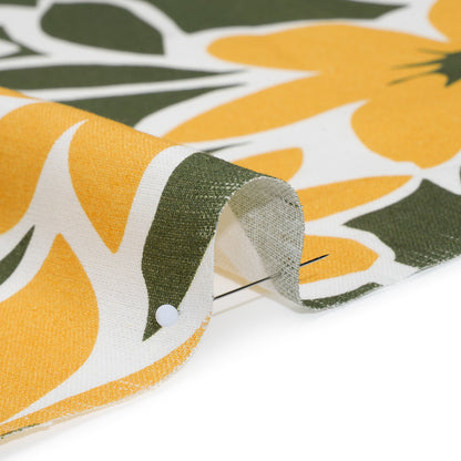 Linen and Rayon Woven - Sunny Yellow, Olive Green and White Flat Flowers - Mood Exclusive Flat Out Florals Print Detail