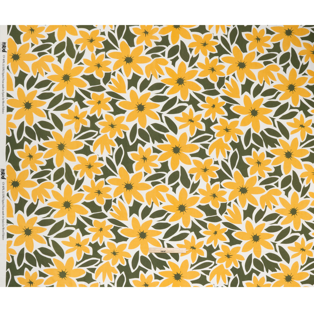 Linen and Rayon Woven - Sunny Yellow, Olive Green and White Flat Flowers - Mood Exclusive Flat Out Florals Print Full
