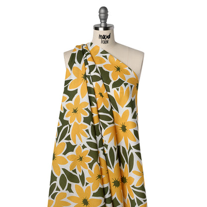 Linen and Rayon Woven - Sunny Yellow, Olive Green and White Flat Flowers - Mood Exclusive Flat Out Florals Print Drape